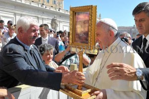 Pope Francis with a Beautiful replica of the Holy Face of Manoppello