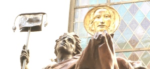 Detail of St. Michael sculpture holding the Holy Face by Cody Swanson 